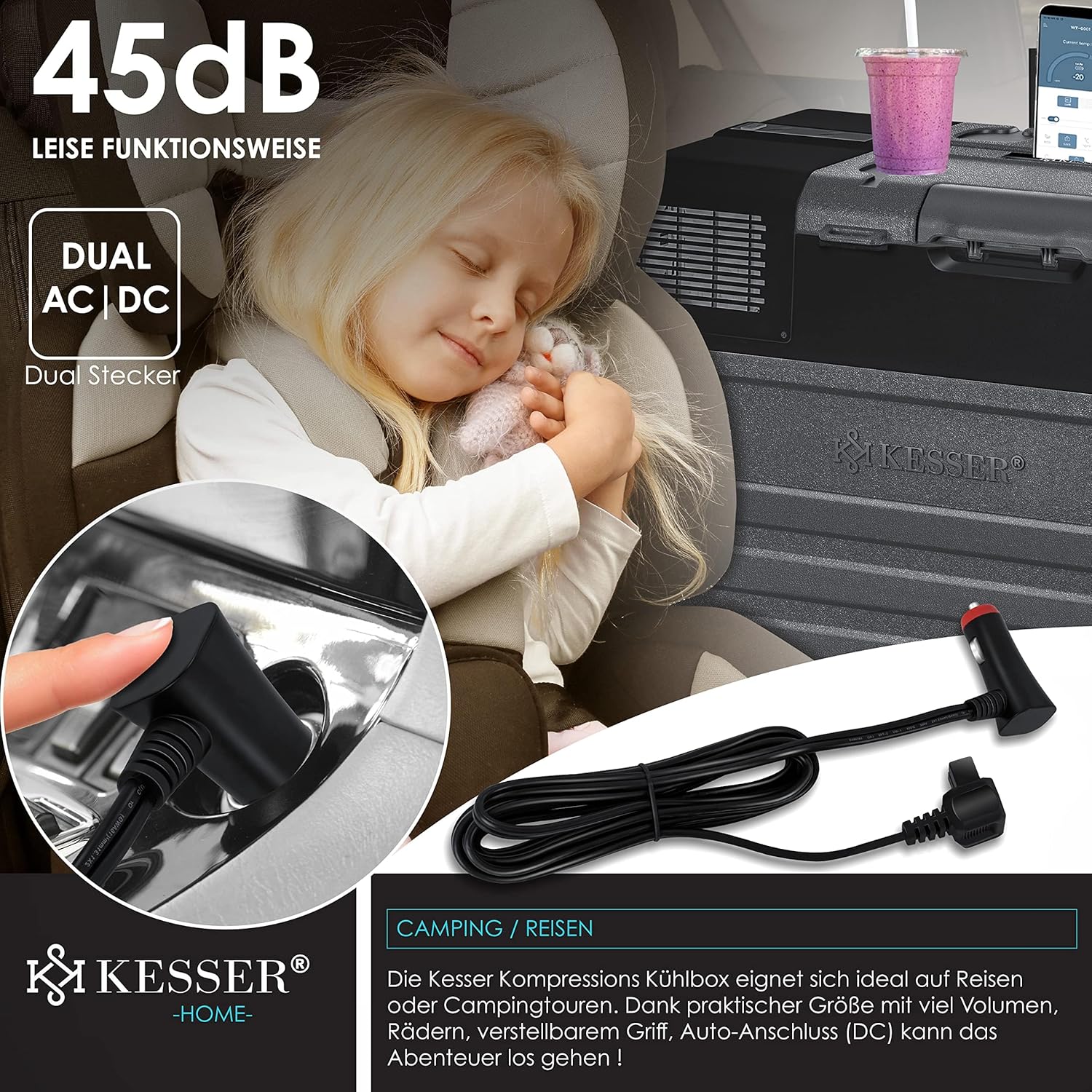 KESSER® Elektro Kühlbox 52 L mit App-Steuerung, -20°C, 12/24V/230V