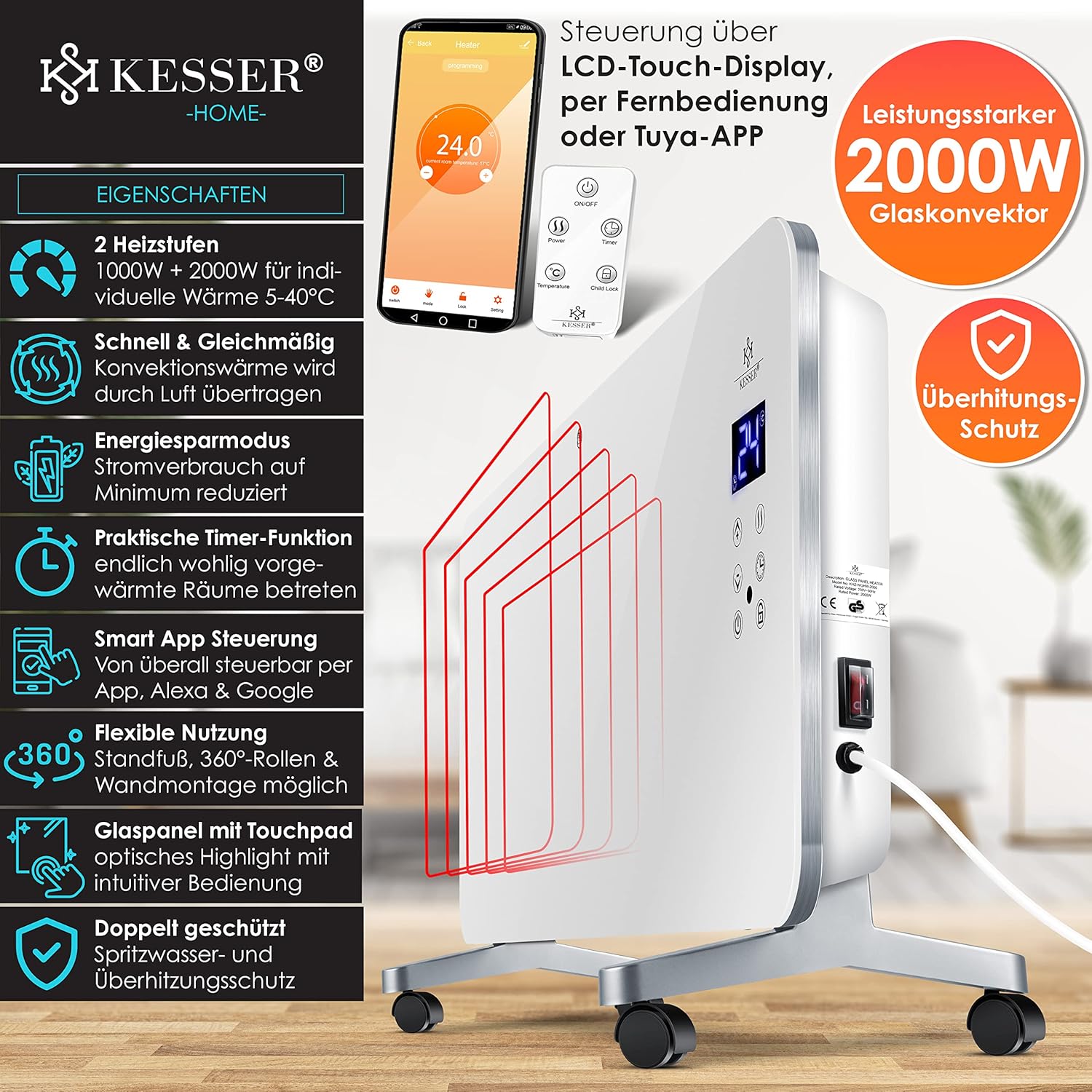 KESSER® Elektroglasheizer mit Touchscreen, WiFi-App & Timer – Stand- oder Wandmontage