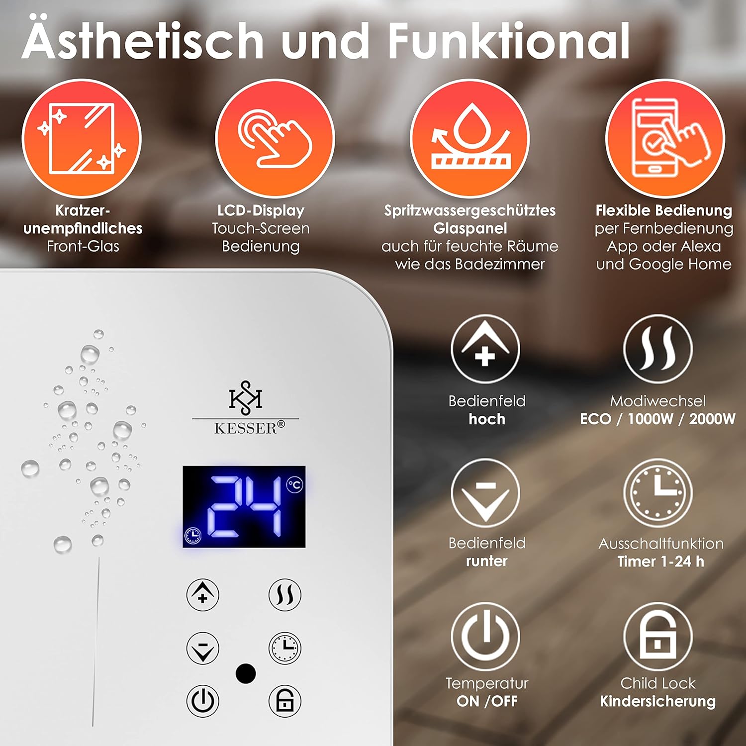 KESSER® Elektroglasheizer mit Touchscreen, WiFi-App & Timer – Stand- oder Wandmontage