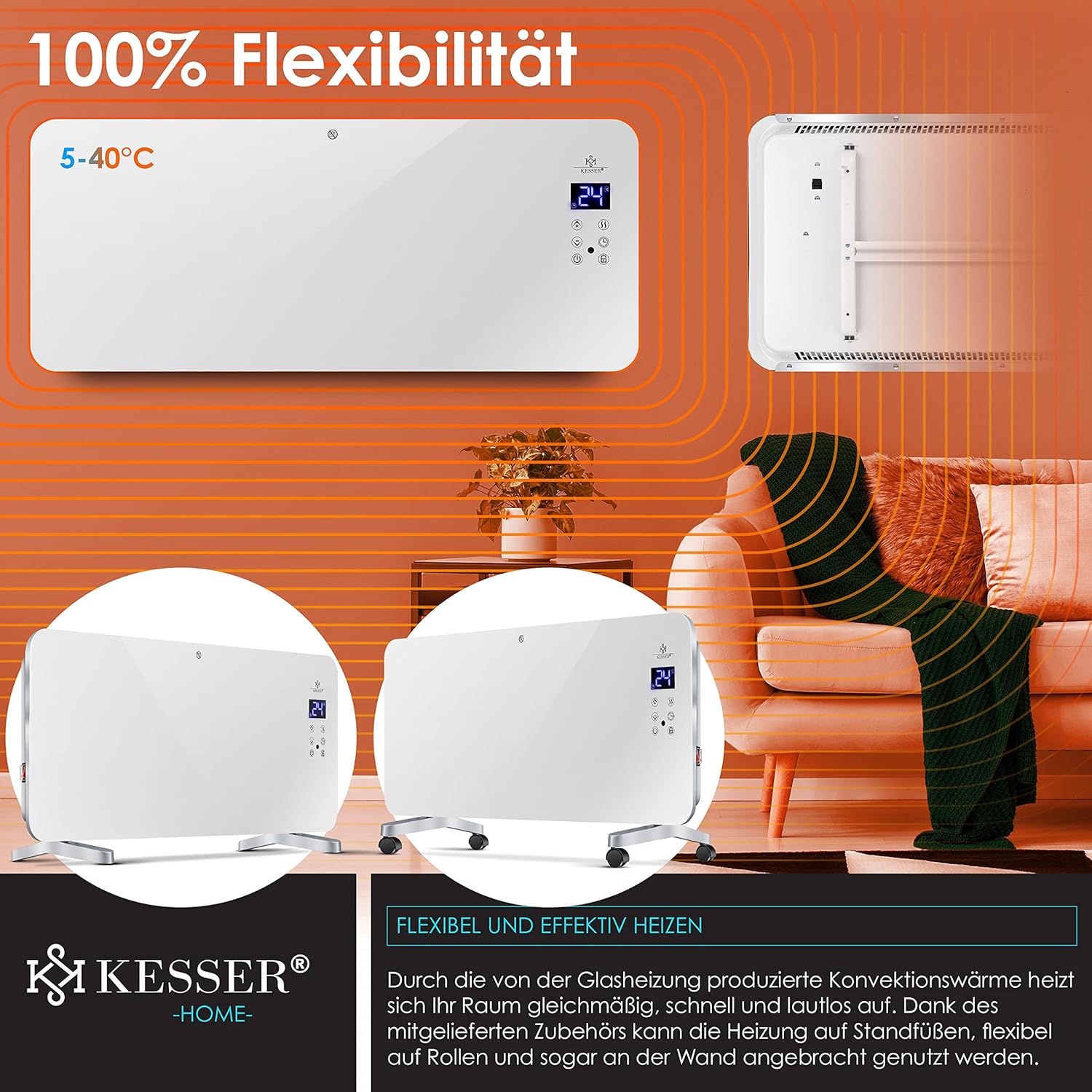 KESSER® Elektroglasheizer mit Touchscreen, WiFi-App & Timer – Stand- oder Wandmontage