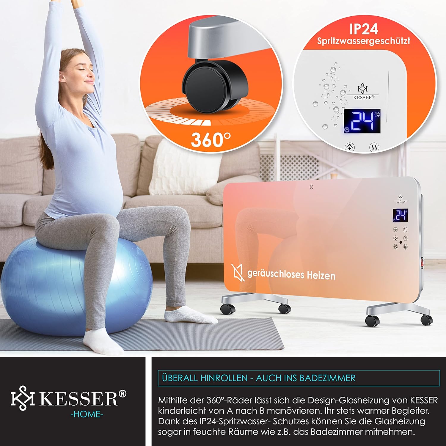 KESSER® Elektroglasheizer mit Touchscreen, WiFi-App & Timer – Stand- oder Wandmontage