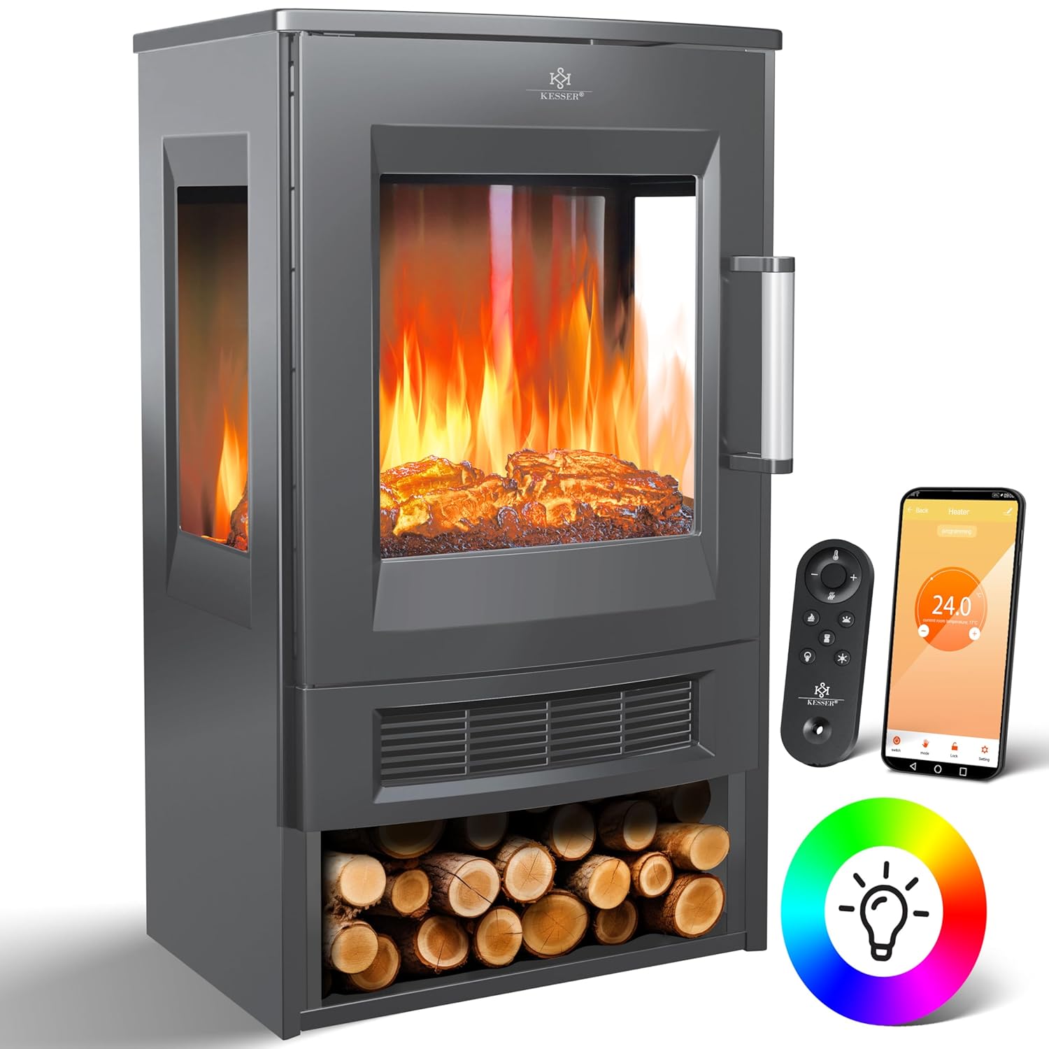 KESSER Elektrokamin mit Panorama-Sichtscheibe, 9 LED-Flammeneffekte, WiFi & Fernbedienung, 900/1800W