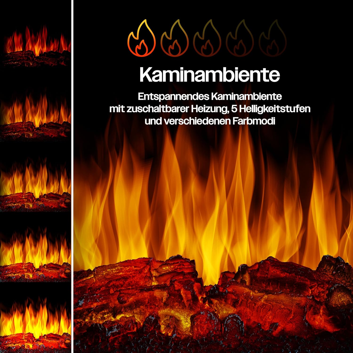 KESSER Elektrokamin mit Panorama-Sichtscheibe, 9 LED-Flammeneffekte, WiFi & Fernbedienung, 900/1800W