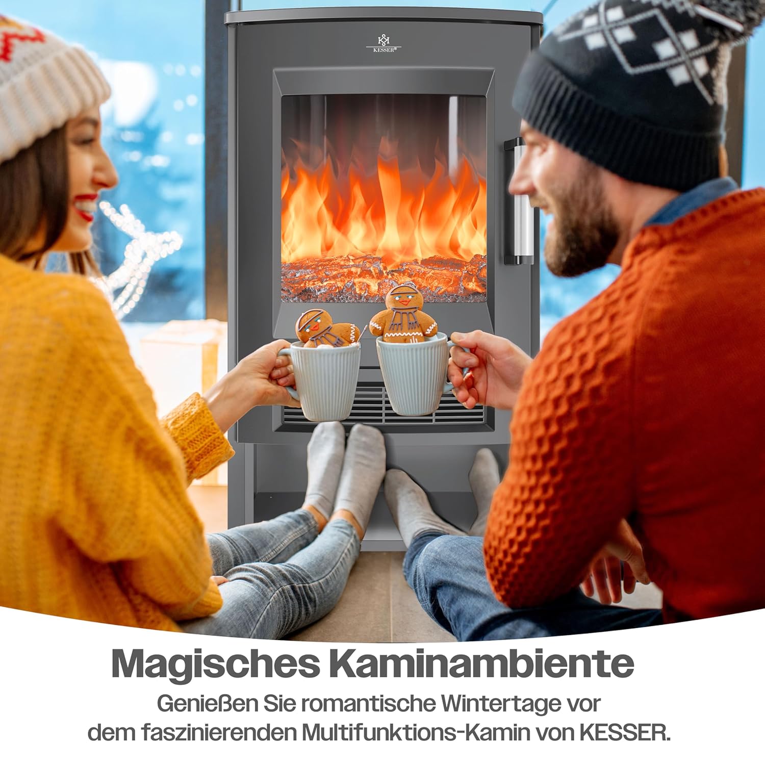 KESSER Elektrokamin mit Panorama-Sichtscheibe, 9 LED-Flammeneffekte, WiFi & Fernbedienung, 900/1800W