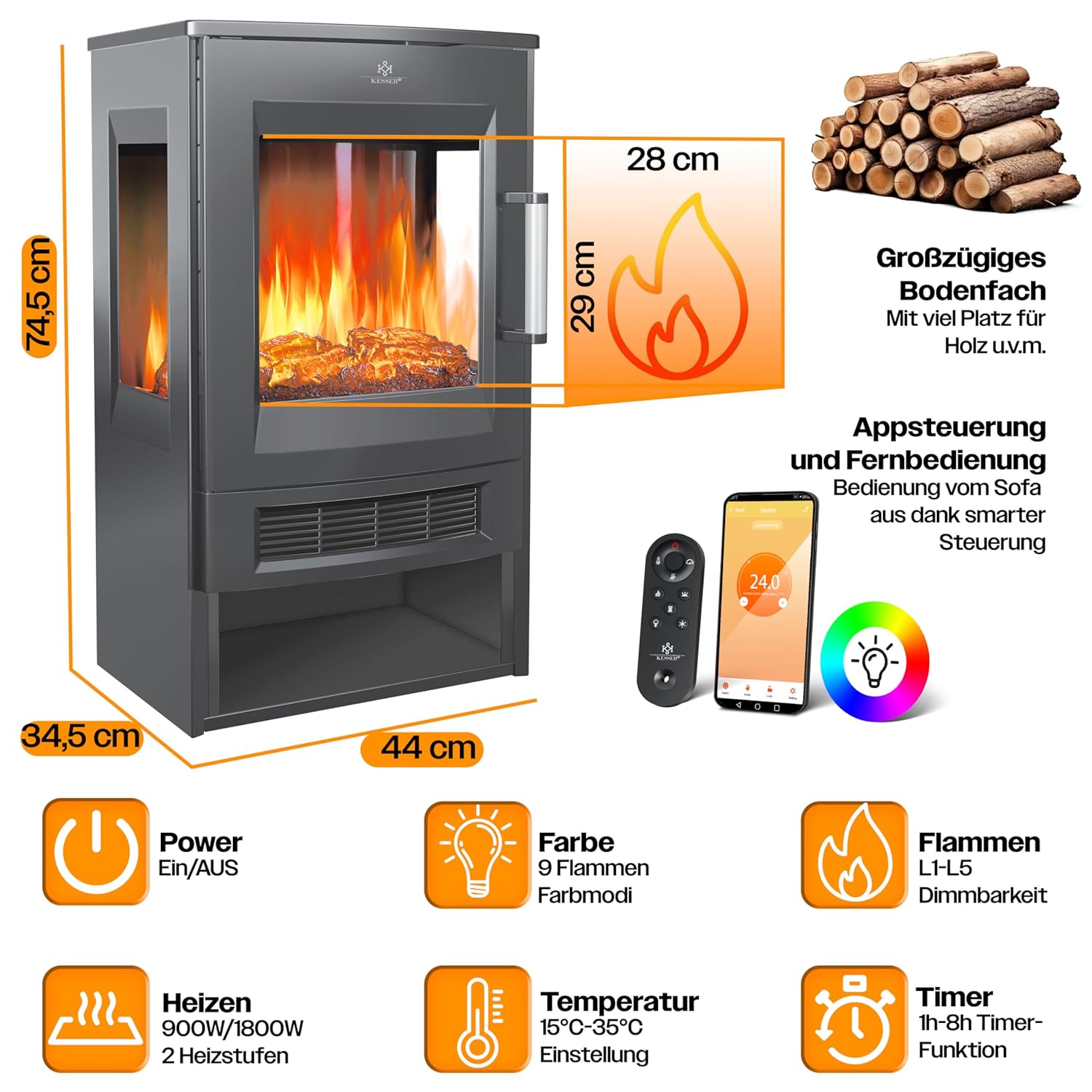 KESSER Elektrokamin mit Panorama-Sichtscheibe, 9 LED-Flammeneffekte, WiFi & Fernbedienung, 900/1800W