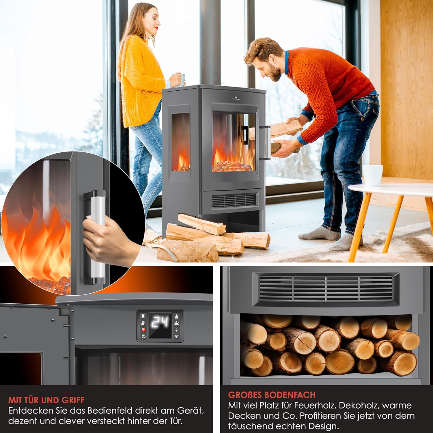 KESSER Elektrokamin mit Panorama-Sichtscheibe, 9 LED-Flammeneffekte, WiFi & Fernbedienung, 900/1800W