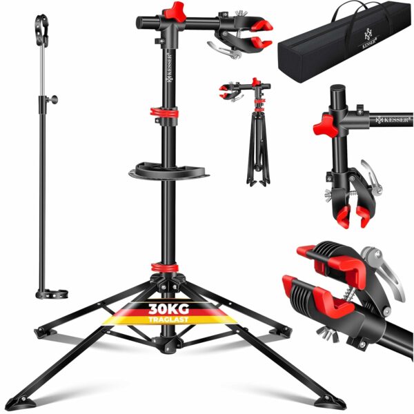 KESSER® Fahrrad Montageständer Pro Reparatursständer 30kg Tragkraft mit Werkzeugtablett und Magnetfach, drehbar