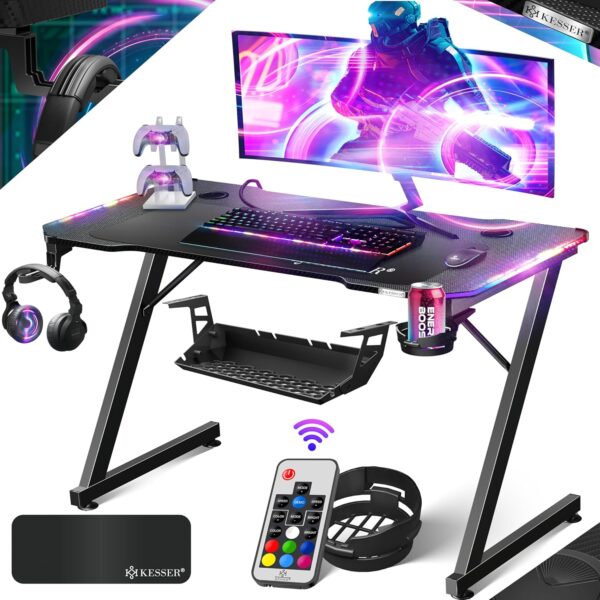 KESSER® Gaming Tisch 120x60 cm Z-Form LED Beleuchtung Kohlefaser Optik mit Headset-Halter
