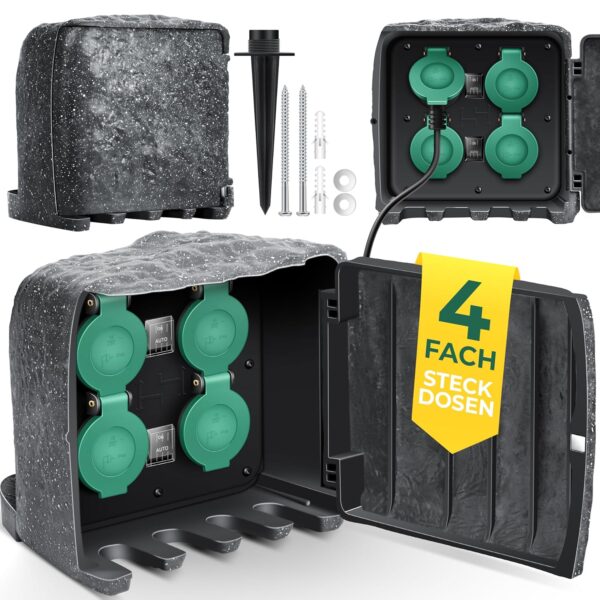 KESSER® Gartendose Steinoptik mit 4 Steckdosen, 3 m Kabel, IP44, Dämmerungssensor