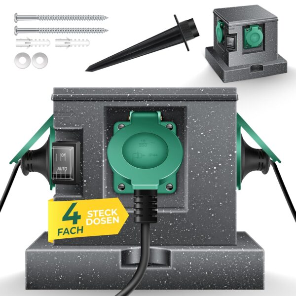 KESSER® Gartendose Steinoptik mit 4 Steckplätzen, 3 m Kabel, IP44, Dämmerungsschalter