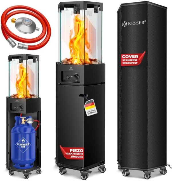 KESSER Gas Heizstrahler 4/8 kW Piezo-Zündung 360° Rollen Kippschutz