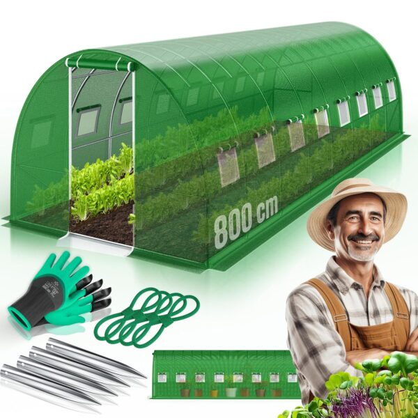 KESSER® Gewächshaus Folientunnel mit 16 Fenstern, Stahlrohrrahmen, Moskitonetz