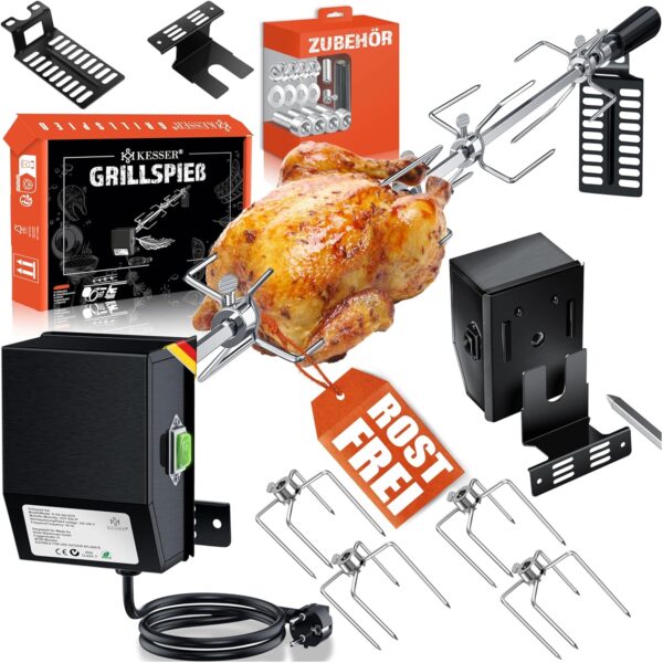 KESSER® Grillspieß-Set 107 cm passend für Weber Spirit, elektrische Motor-Hebebühne 220–240 V, inkl. 4 Fleischspieße