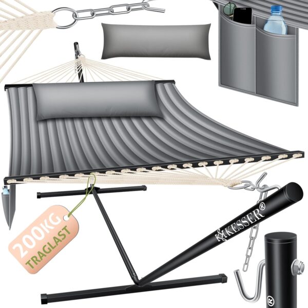 KESSER® Hängemattenset mit Gestell, Doppel-Hängematte für 2 Personen, 200 kg Tragfähigkeit, Outdoor & Indoor