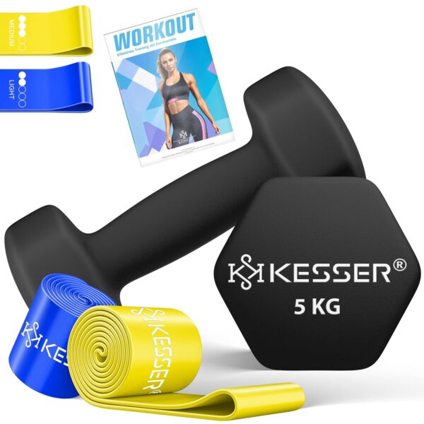 KESSER Hanteln 2er Set 2–5 kg, neoprenbezogen, hexagonal, mit Trainingsbuch und Fitnessbändern