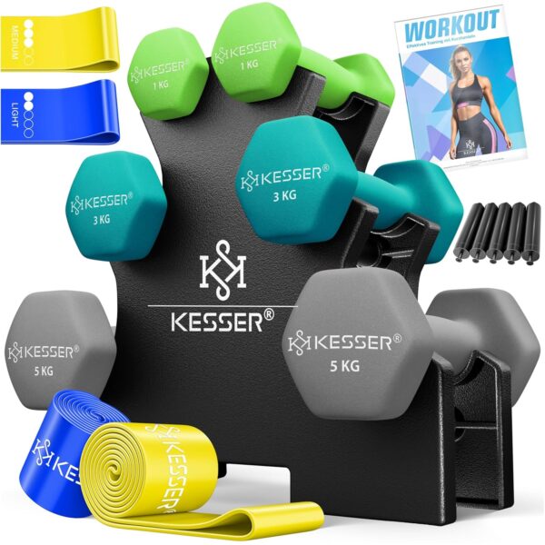 KESSER® Hantelset 3 Paare 1-5 kg mit Stand, Neopren, Anti-Rutsch, inkl. Trainingsbuch