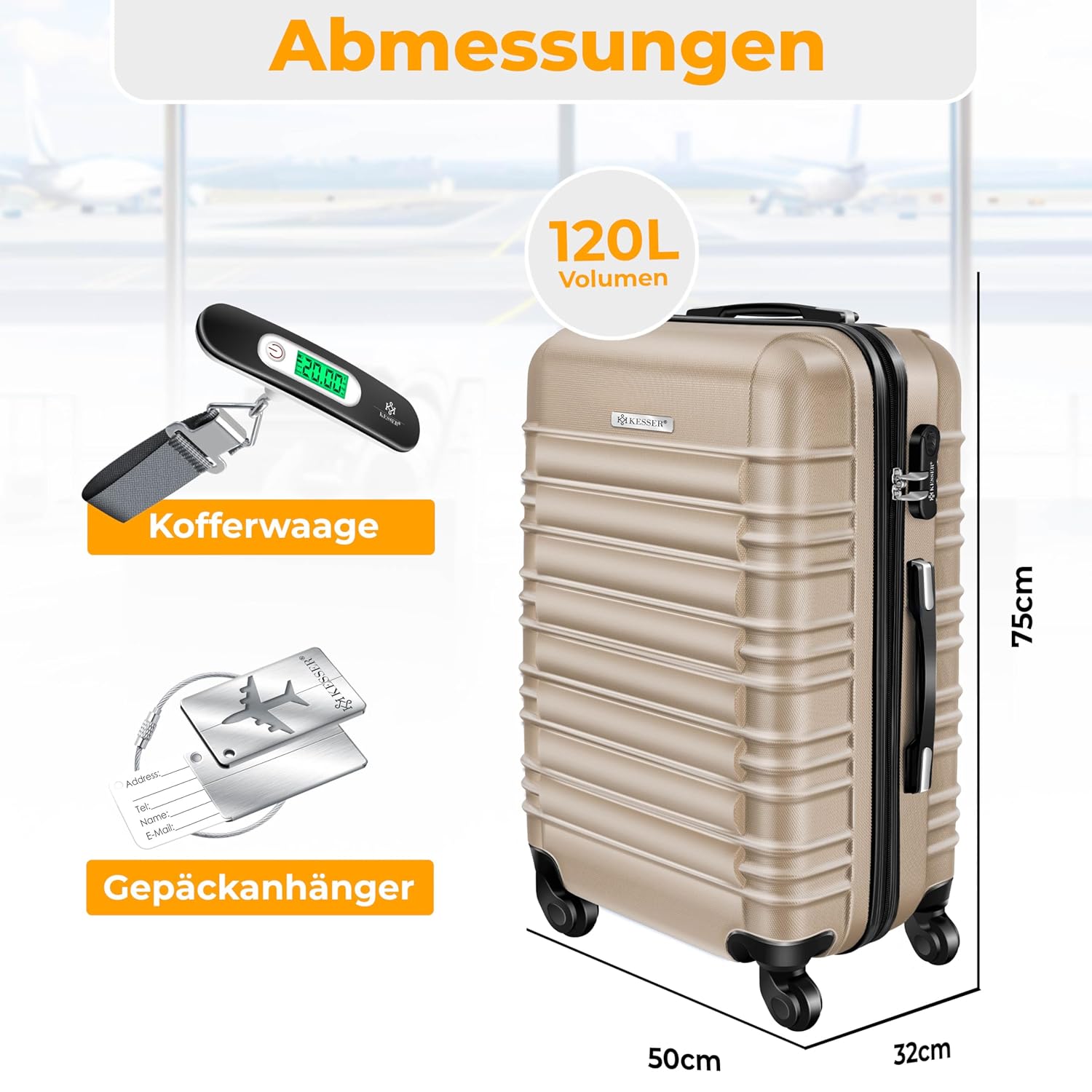 KESSER® Hartschalenkoffer mit 4 Rollen, integrierter Waage & Kombinationsschloss