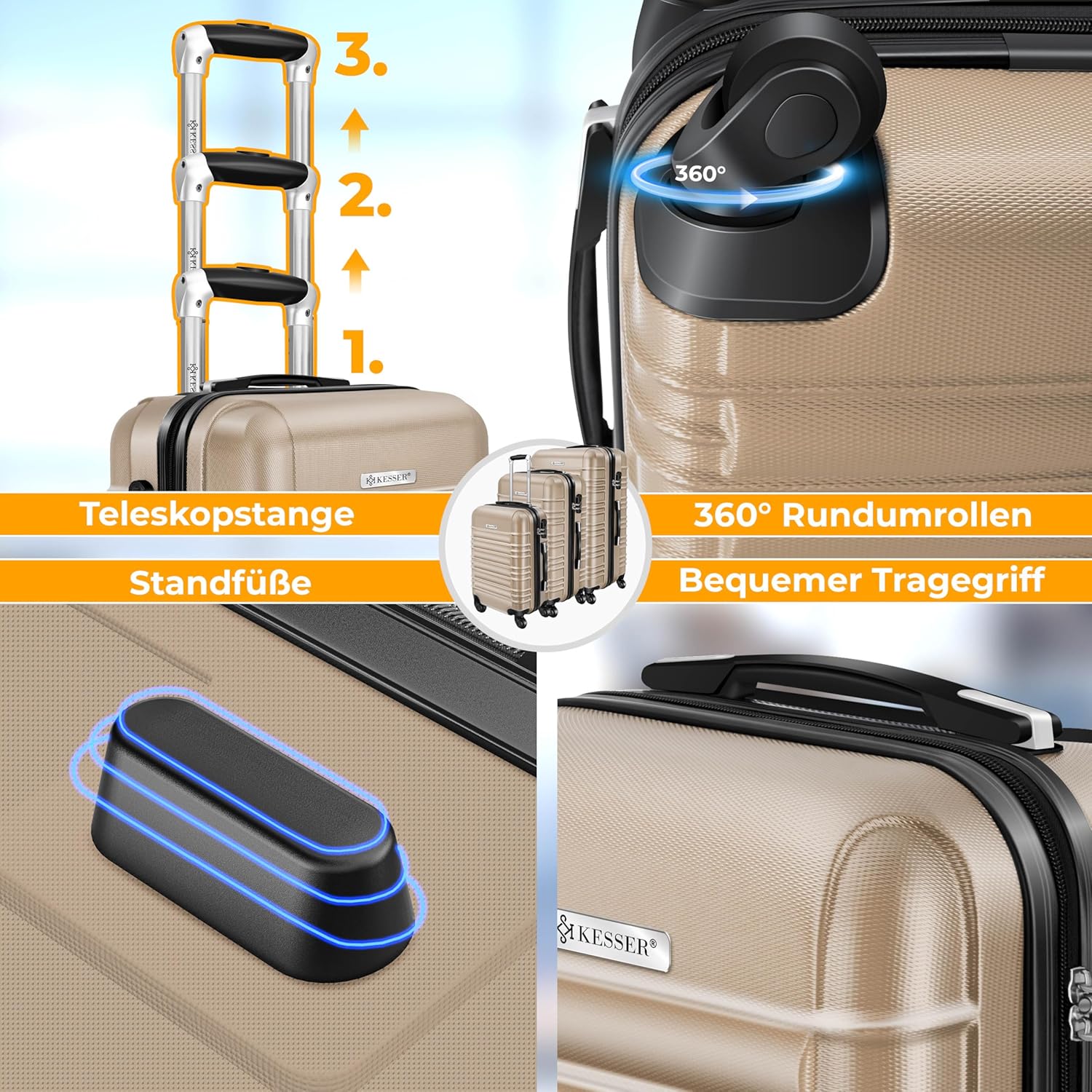 KESSER® Hartschalenkoffer mit 4 Rollen, integrierter Waage & Kombinationsschloss