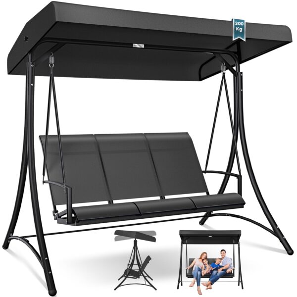 KESSER® Hollywoodschaukel 3-Sitzer mit Sonnensegel, 300 kg Tragkraft, wasserabweisend (Anthrazit)
