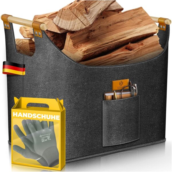 KESSER® Holzkorb 90 Liter | Extra dicker Filz | Faltbar mit Holzgriffen | Wetterfest & robust für Holz, Zeitung