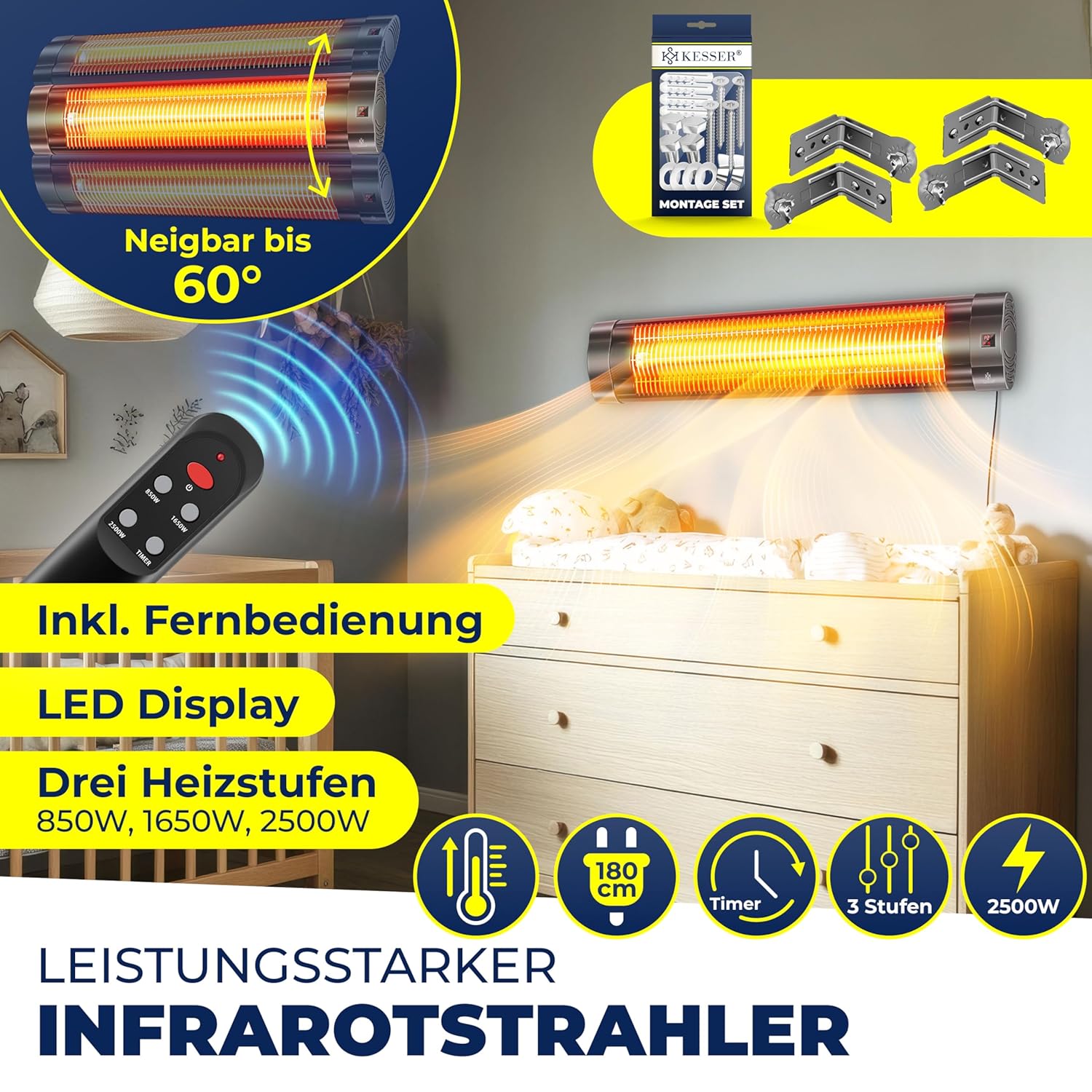 KESSER Infrarot-Heizer 2500 W mit Fernbedienung, 3 Heizstufen, Timer, Anthrazit