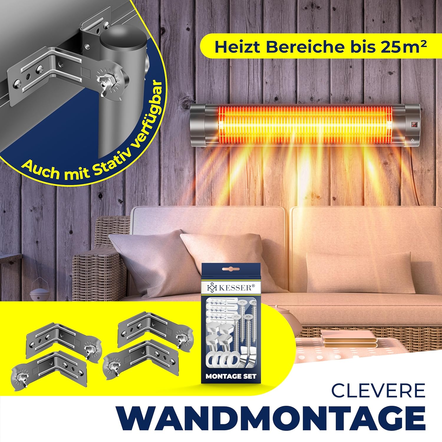 KESSER Infrarot-Heizer 2500 W mit Fernbedienung, 3 Heizstufen, Timer, Anthrazit