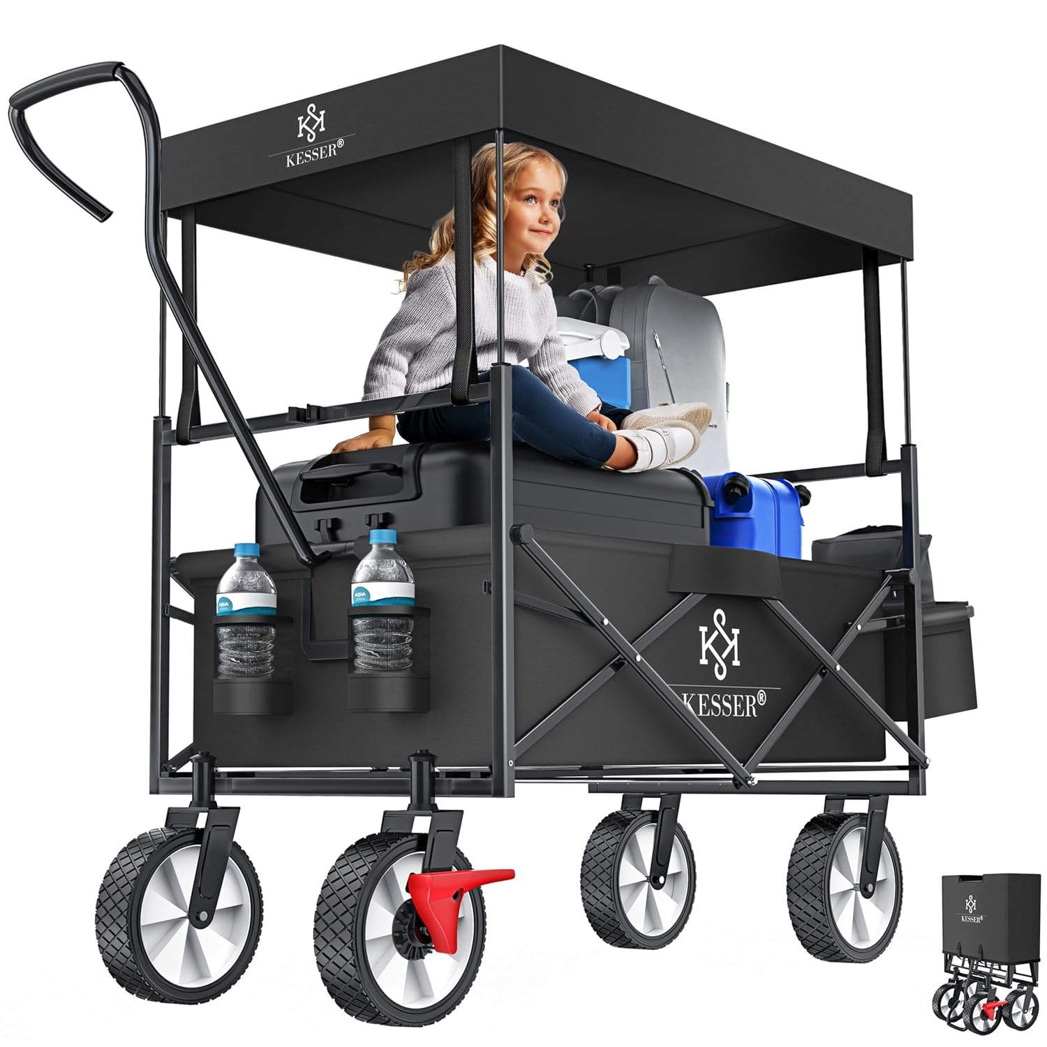 KESSER® Klappbarer Rollwagen mit Dach, 360° Lenkrolle, Feststellbremse, XXL-Tasche