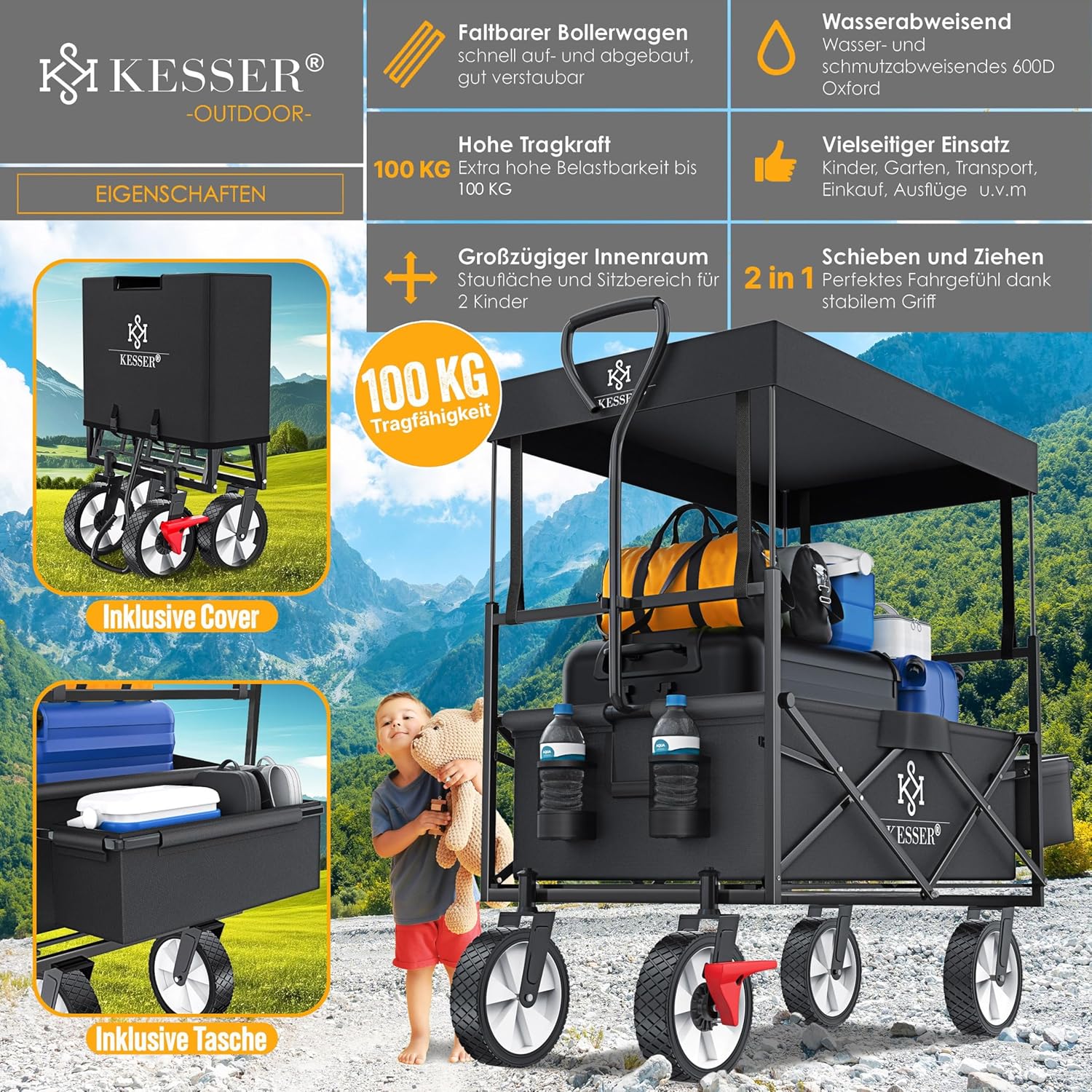KESSER® Klappbarer Rollwagen mit Dach, 360° Lenkrolle, Feststellbremse, XXL-Tasche