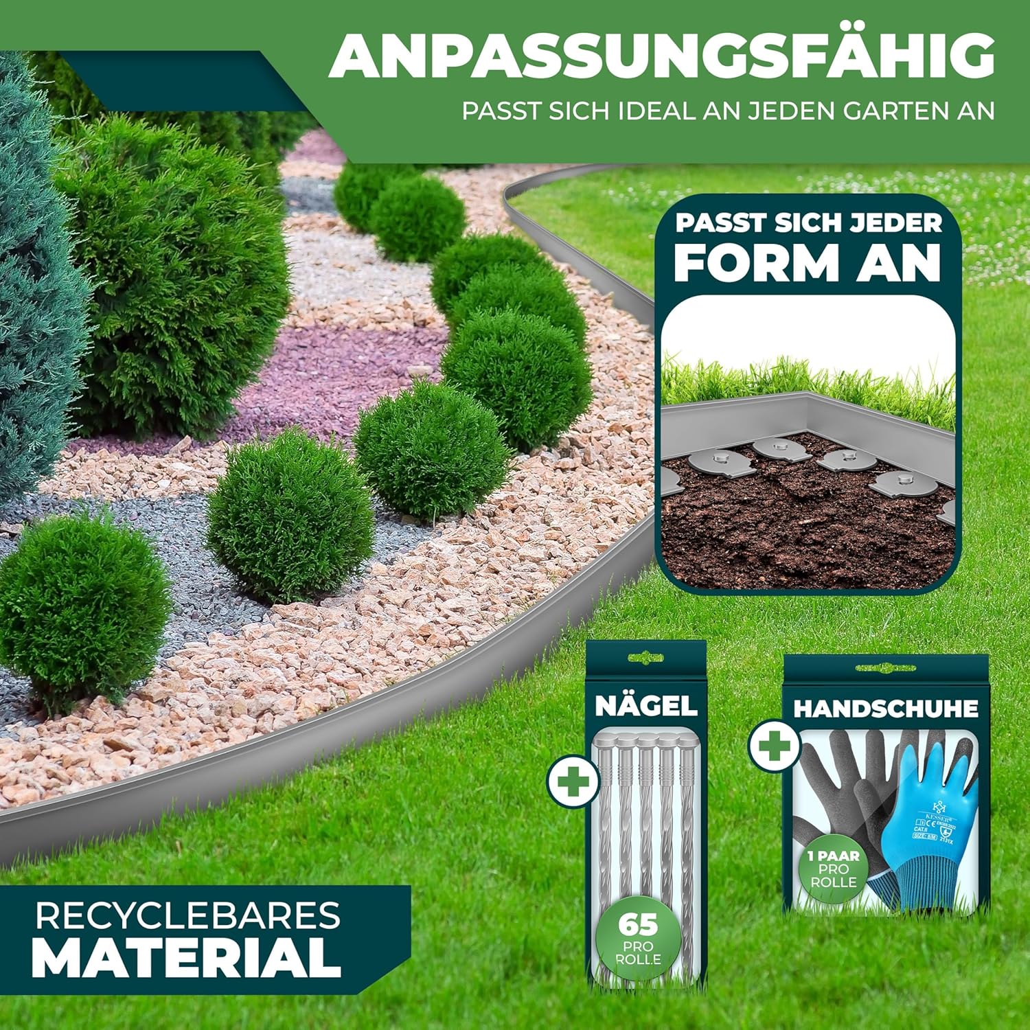 KESSER® Längenbegrenzung für Rasenkanten 20 m, 5 cm Höhe, 130 Heringe