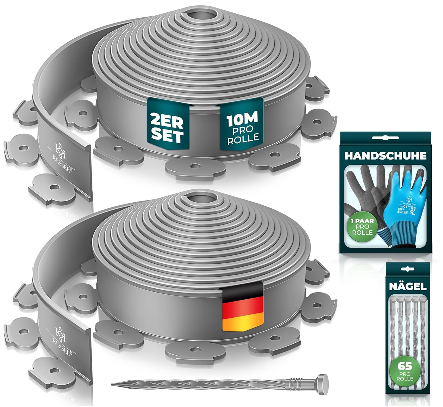KESSER® Längenbegrenzung für Rasenkanten 20 m, 5 cm Höhe, 130 Heringe