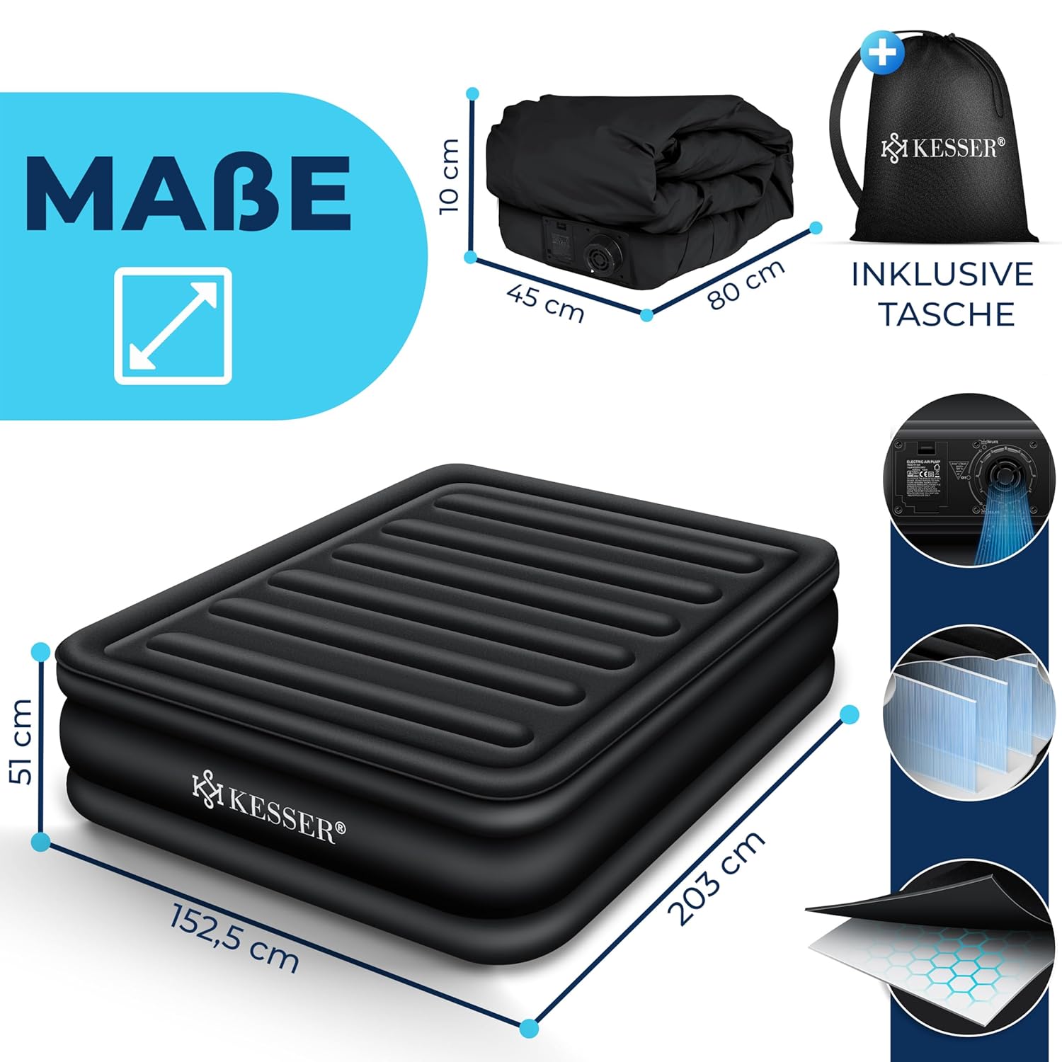 KESSER Luftmatratze mit integriertem Elekropumpe, selbstaufblasend, für 2 Personen – 203 x 152,5 cm