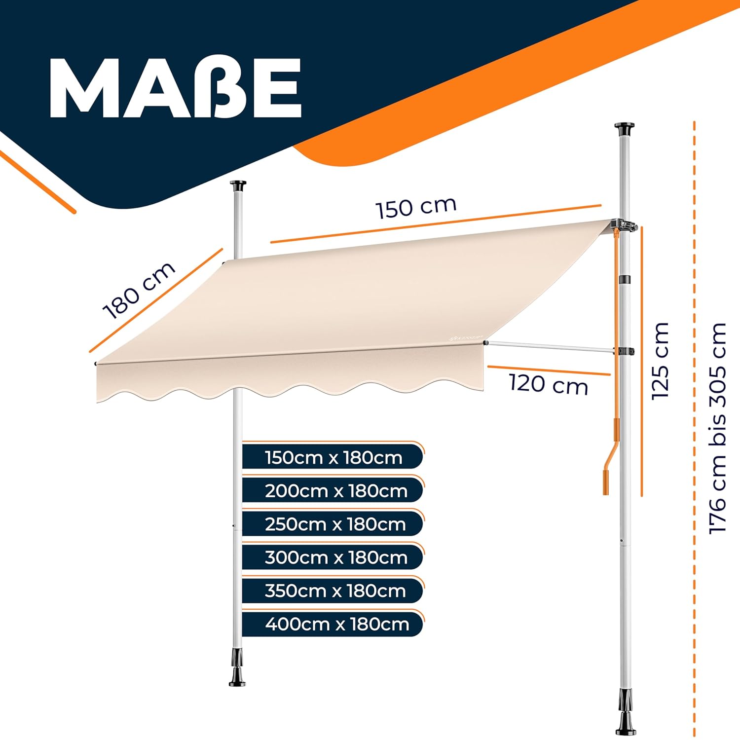 KESSER® Markise mit Kurbel, höhenverstellbar, UV-beständig, ohne Bohren montierbar