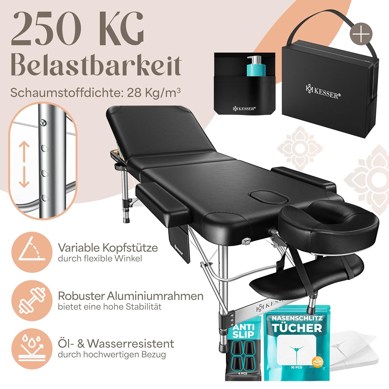 KESSER Massageliege 3-Zonen Höhenverstellbar Tragfähigkeit 250 kg Aluminium-Kopfstütze