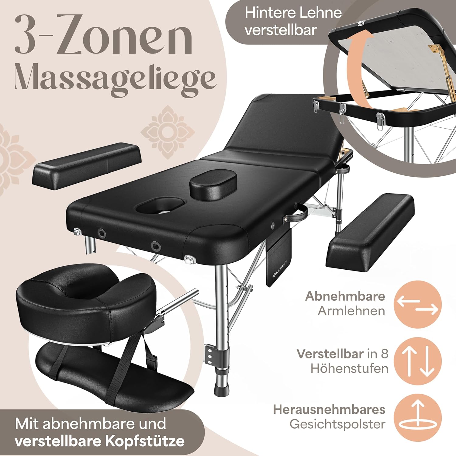 KESSER Massageliege 3-Zonen Höhenverstellbar Tragfähigkeit 250 kg Aluminium-Kopfstütze
