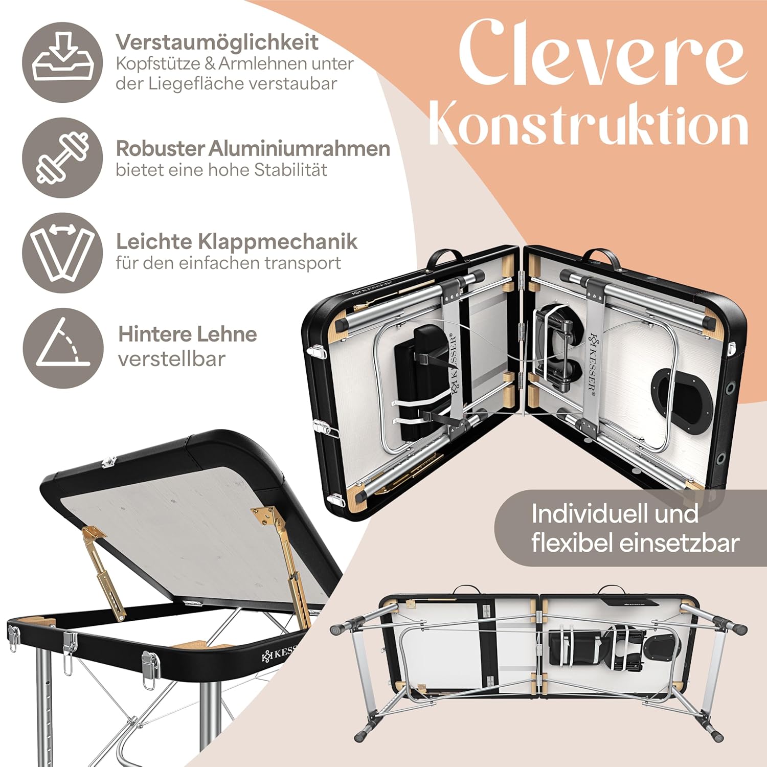 KESSER Massageliege 3-Zonen Höhenverstellbar Tragfähigkeit 250 kg Aluminium-Kopfstütze