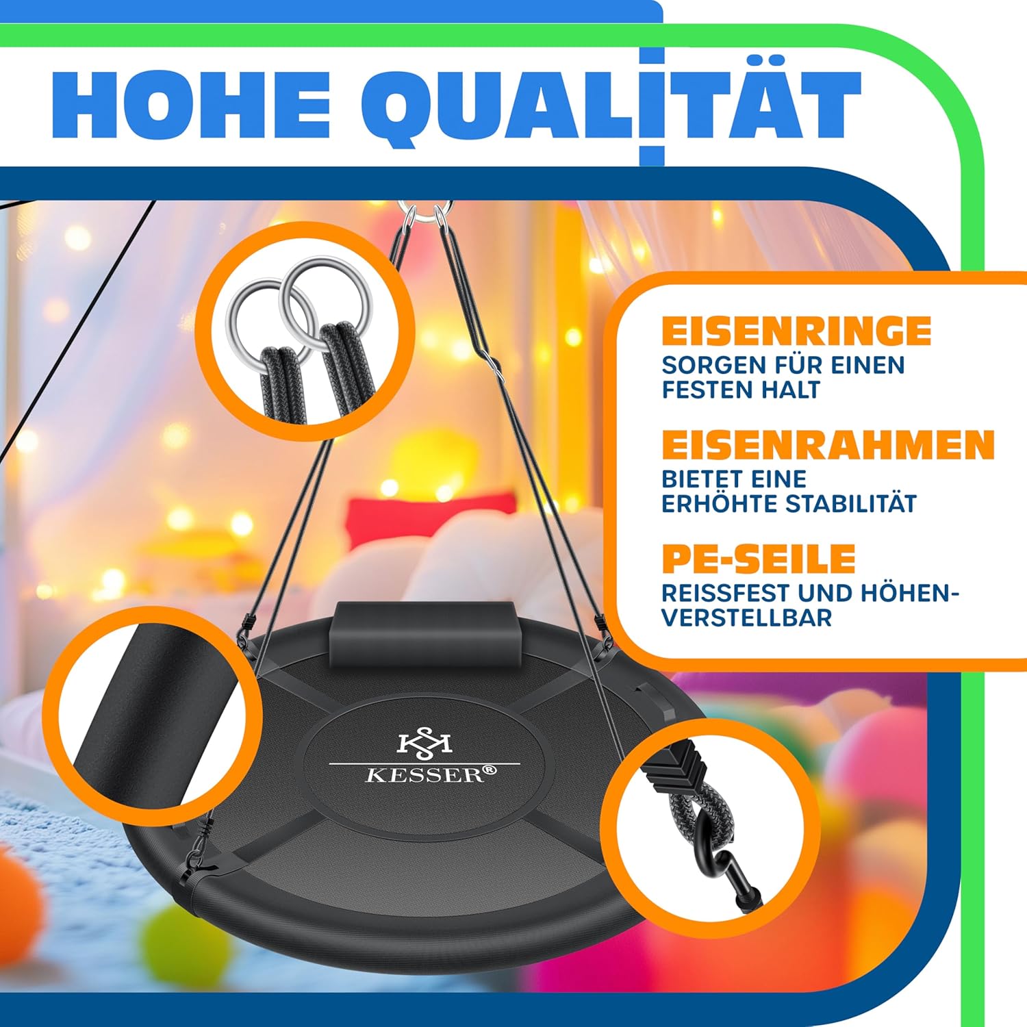 KESSER® Nesthängeschaukel rund, 120 cm, bis 300 kg, mit Kissen & 4 Griffen, höhenverstellbar