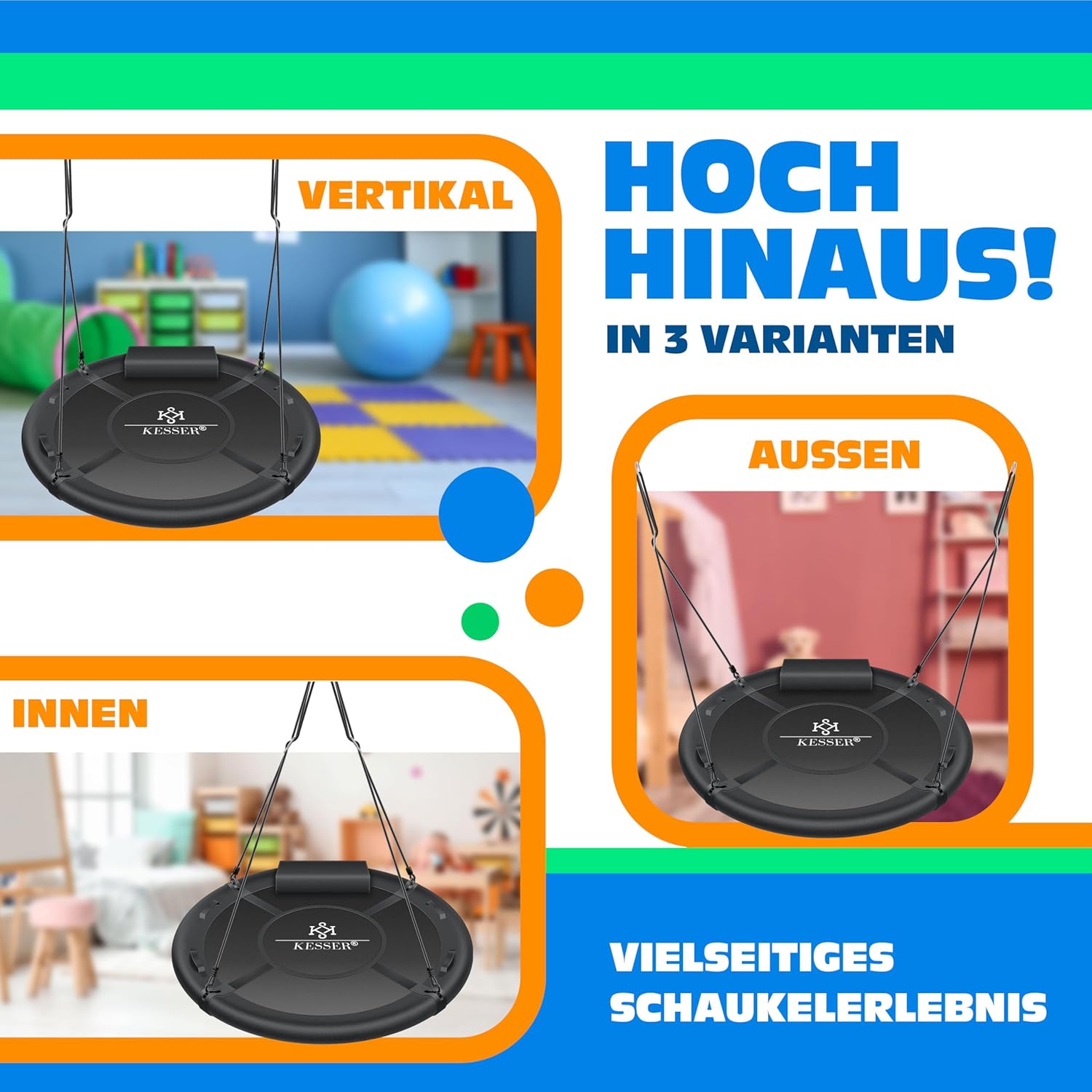 KESSER® Nesthängeschaukel rund, 120 cm, bis 300 kg, mit Kissen & 4 Griffen, höhenverstellbar