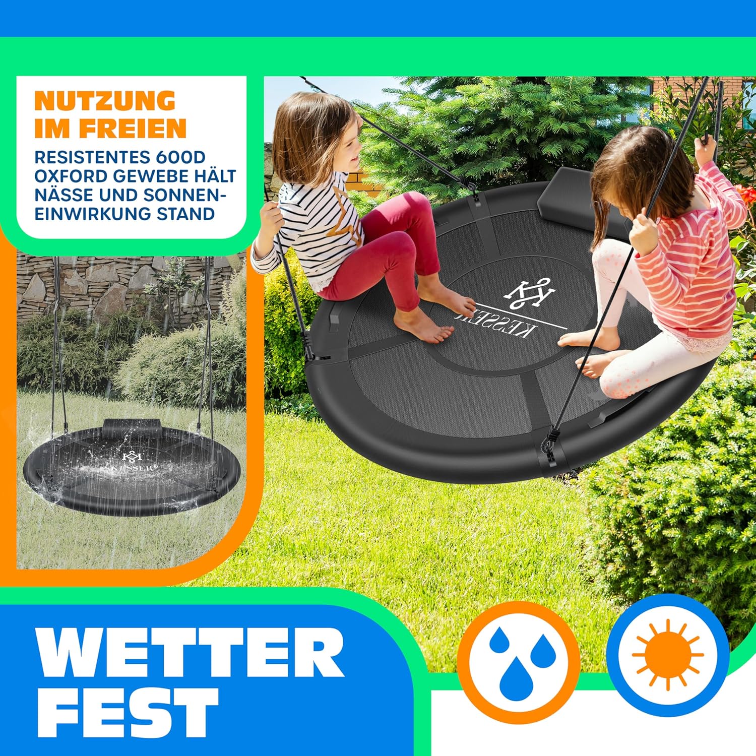 KESSER® Nesthängeschaukel rund, 120 cm, bis 300 kg, mit Kissen & 4 Griffen, höhenverstellbar