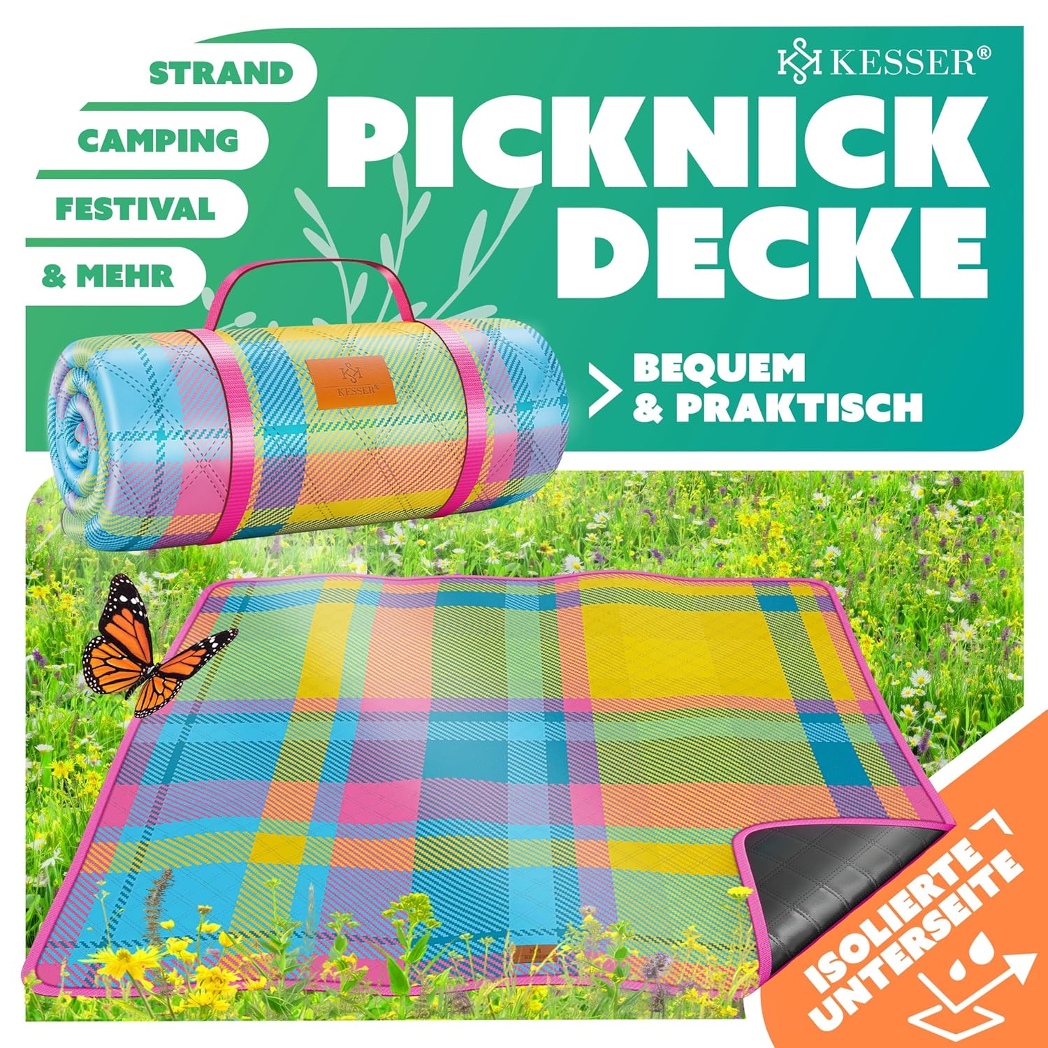 KESSER® Picknickdecke 200x200 cm wasserdicht dreilagig mit Tragegriff für Outdoor