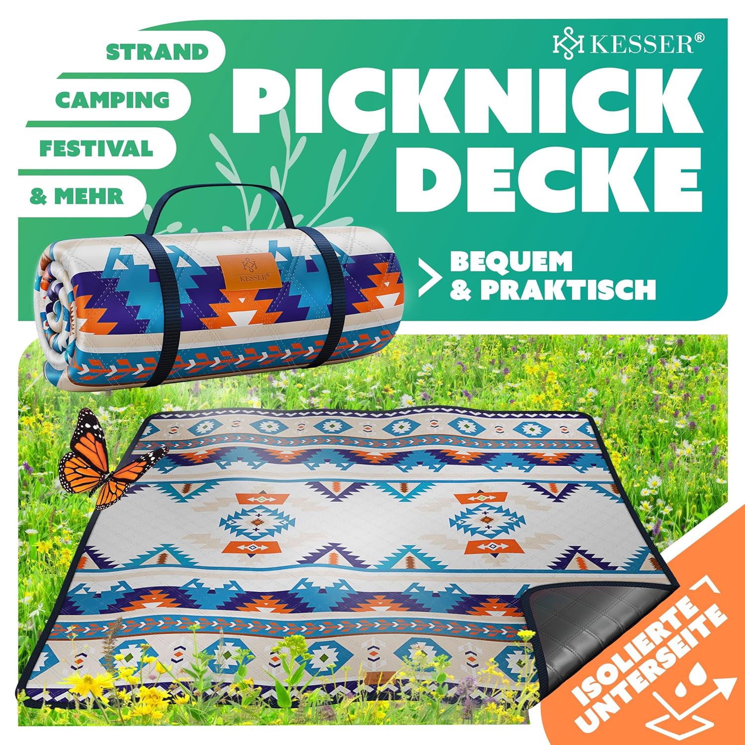 KESSER® Picknickdecke 200x200 cm wasserdicht dreilagig mit Tragegriff für Outdoor