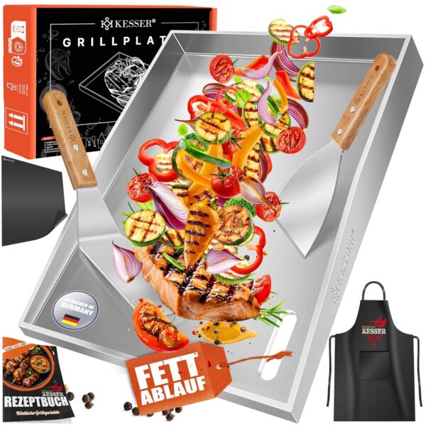 KESSER Plancha Grillplatte Edelstahl 40x30 cm rostfrei mit Fettablauf, hitzebeständig bis 800°C, spülmaschinenfest