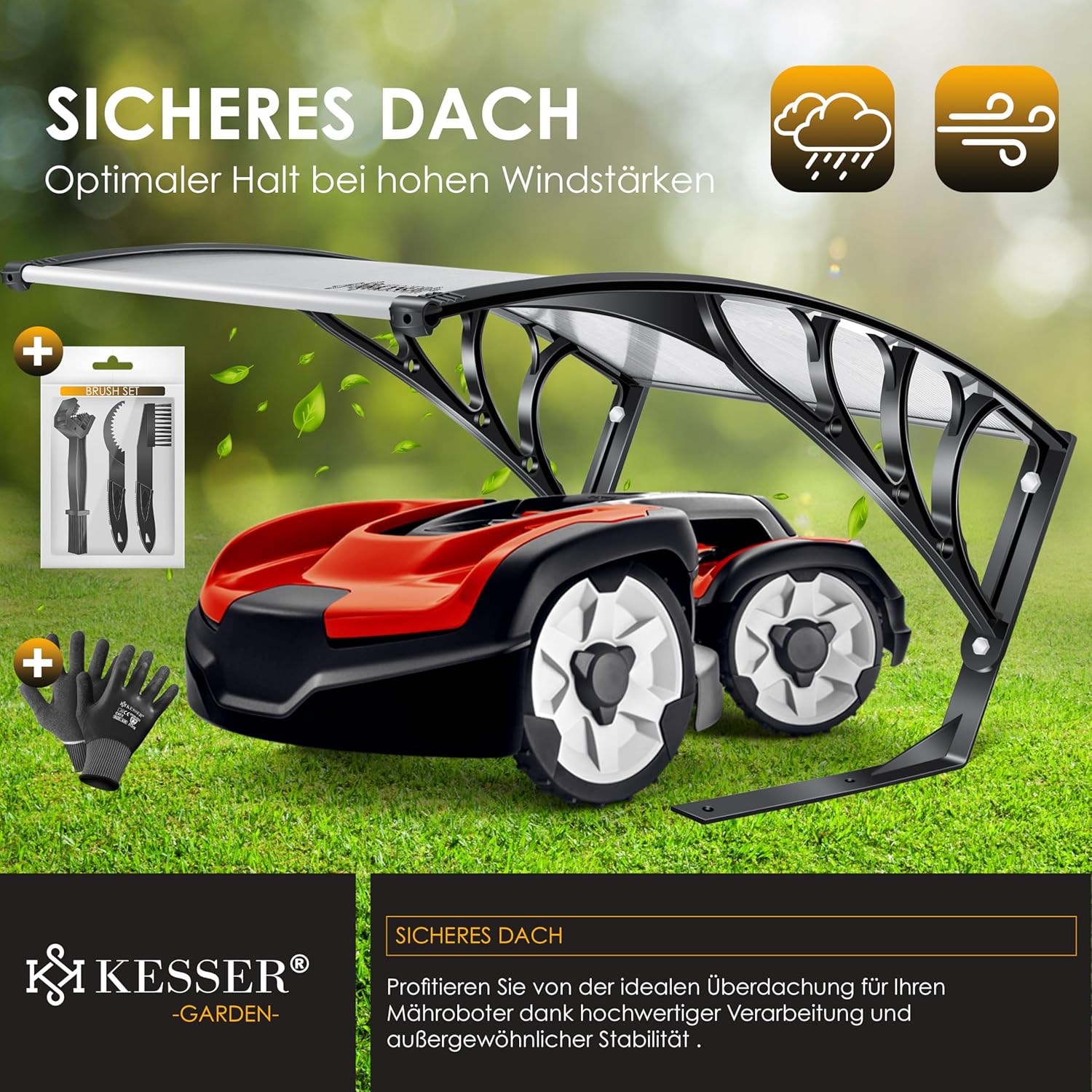 KESSER® Roboter-Mäh-Garage Wetterschutz Dach für Automower mit Reinigungsbürste