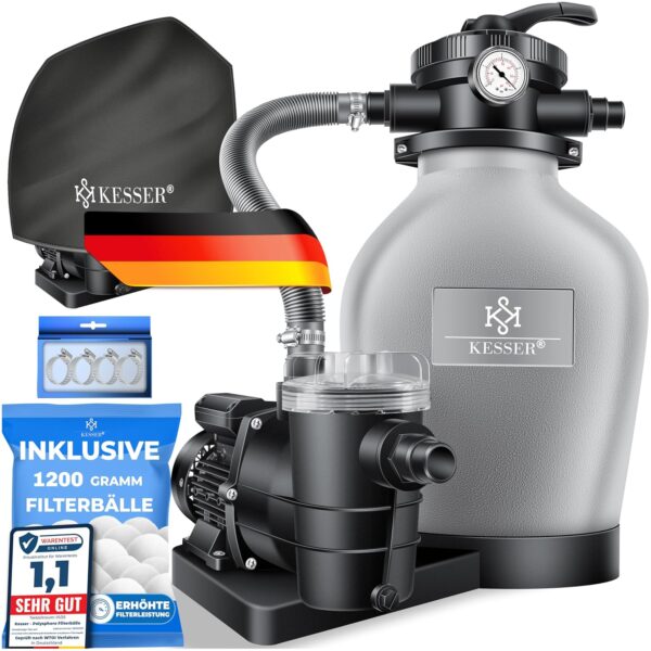 KESSER Sandfilteranlage mit 600 W Pumpe, 13200 l/h, 7-Wegeventil, 30 kg Sandvolumen