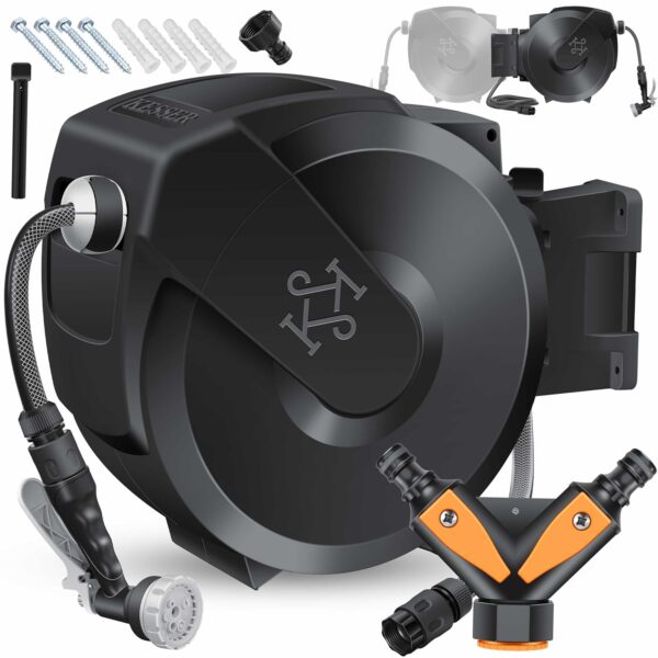 KESSER® Schlauchaufroller mit Gartenschlauch 20 m | Wandmontage | 180° drehbar & automatisch | 7-fach Handbrause