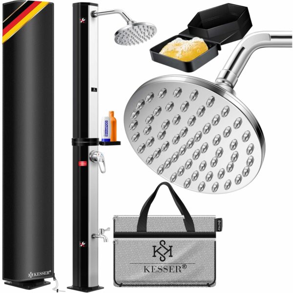 KESSER® Solar Duschsystem 40L mit Metallregal, Warmwasser 60°C, Schwarz/Silber