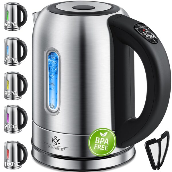 KESSER Wasserkocher Edelstahl 2200W 1,7L mit Temperaturwahl & LED-Anzeige
