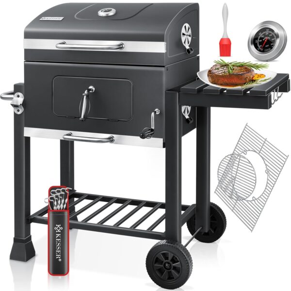 Kesser® XXL Holzkohlegrill mit Deckel, Rädern und Thermometer – groß, aus Edelstahl