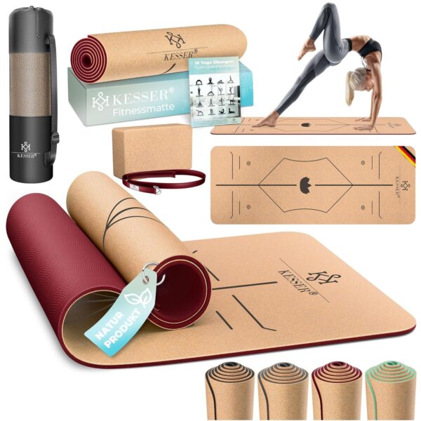 KESSER® Yogamatte Kork 183x62 cm rutschfest mit Tragegurt und Yogablock